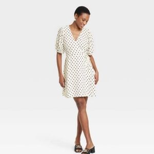a new day cream & black polka dot wrap dress short sleeve 1X 2X 3x